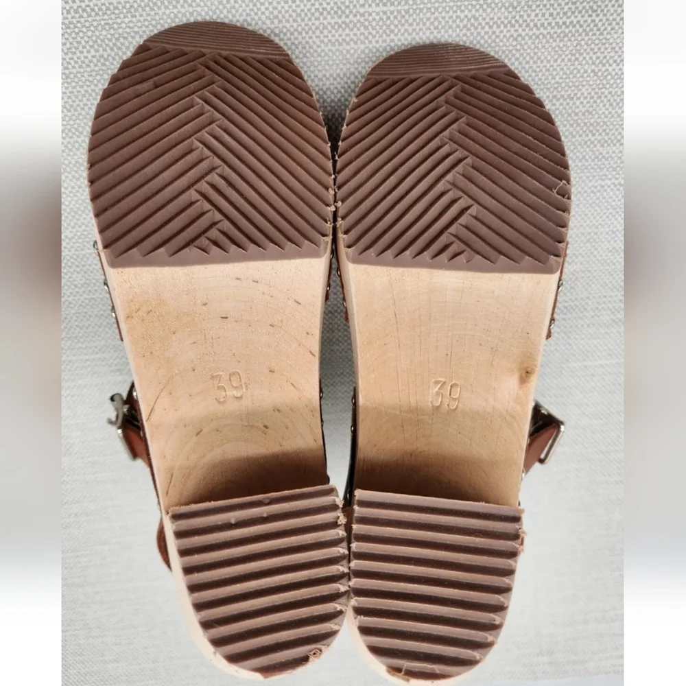 Mia Gertrude size 39 swedish clog sandals brown Luggage Leather Wood Boho